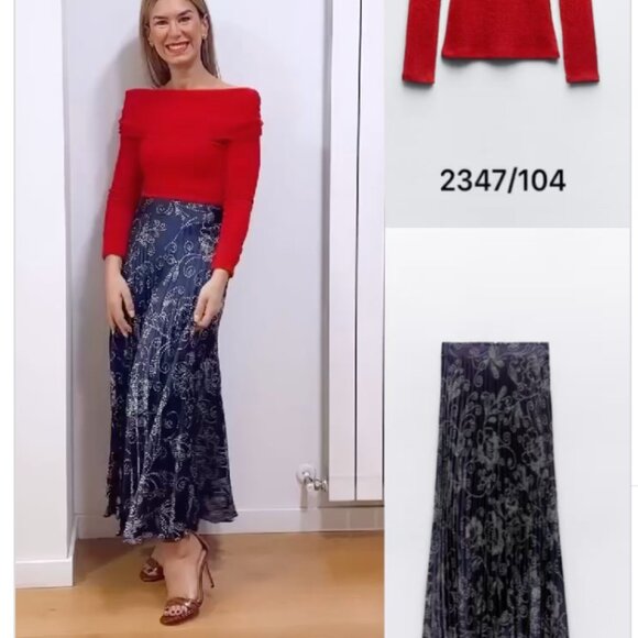 Zara satin effect pleated printed midi skirt navy White floral M NWT 2347/104 - Picture 4 of 11